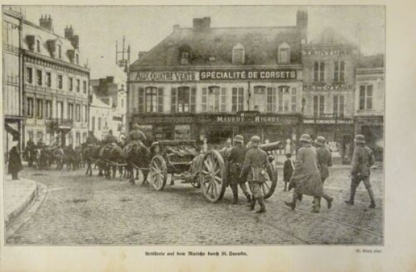 1917 - alter Druck - Artillerie auf dem Marsche durch St. Quentin
